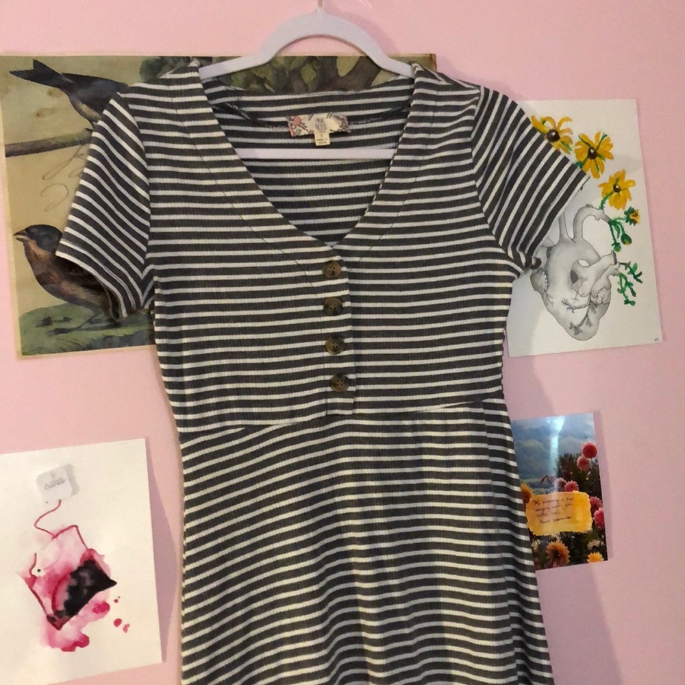 Pink Rose Gray Striped Spring Dress